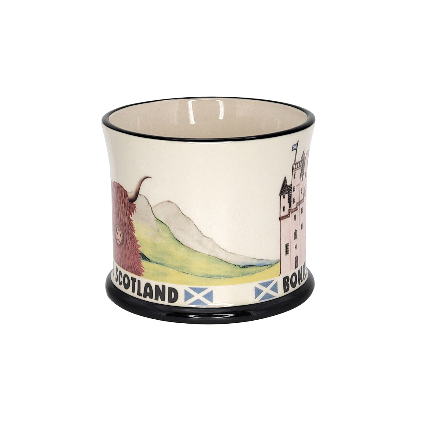 Ceramic mug with Scottish design featuring a castle, tartan, and saltire on a white background.