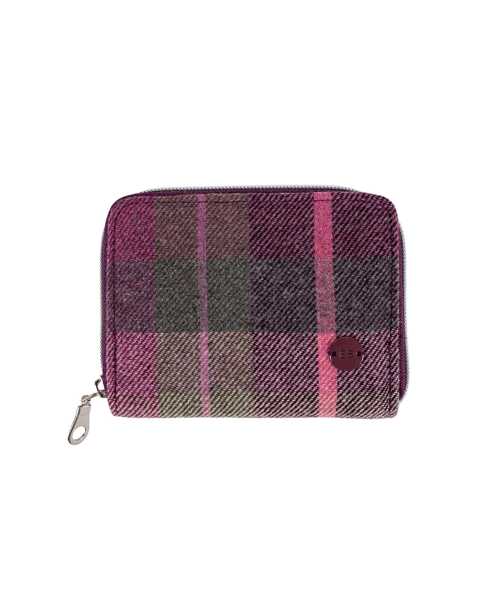 Earth Squared Berry Tweed Wallet with a zipper on a white background