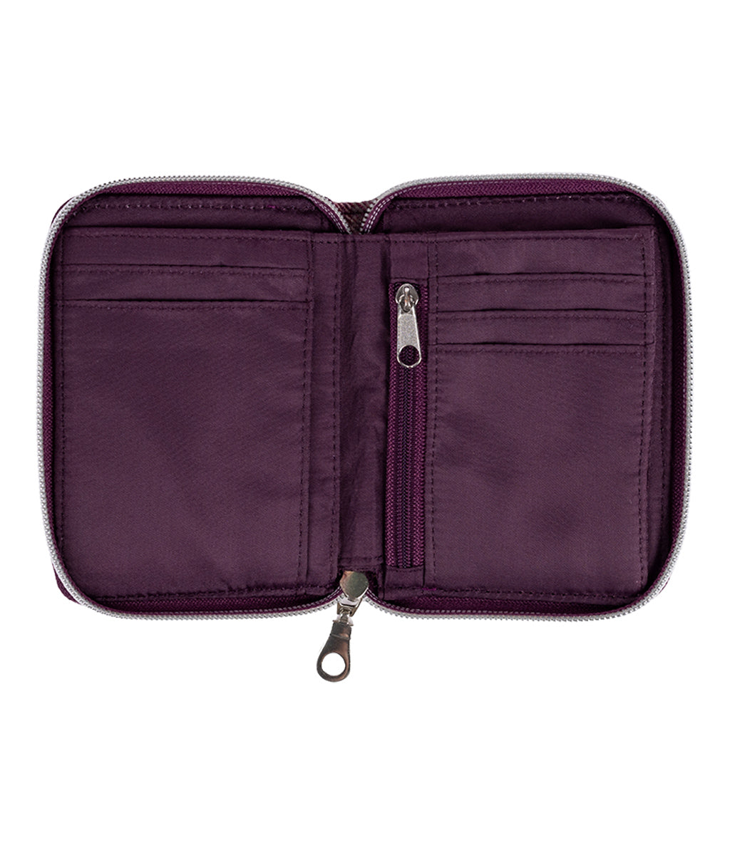 Earth Squared Berry Tweed Wallet opened with a zipper on a white background