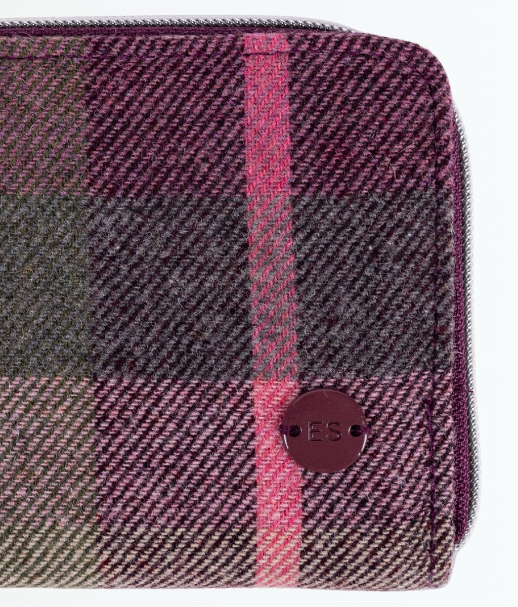 Earth Squared Berry Tweed Wallet with a zipper on a white background
