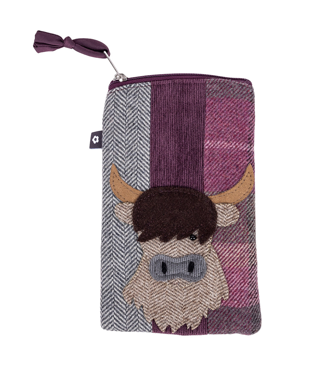 Earth Squared Berry Tweed Highland Cow Glasses Case with a highland cow design on a white background