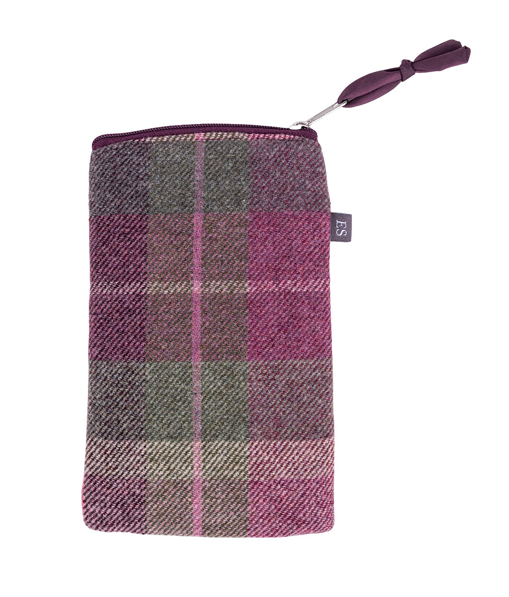 Earth Squared Berry Tweed Highland Cow Glasses Case with a highland cow design on a white background