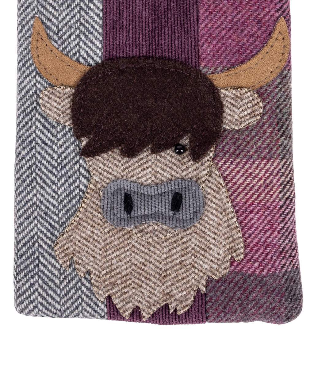Earth Squared Berry Tweed Highland Cow Glasses Case with a highland cow design on a white background