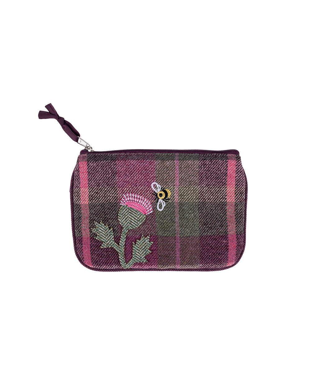 Earth Squared Berry Tweed Purse with thistle embroidery on a white background