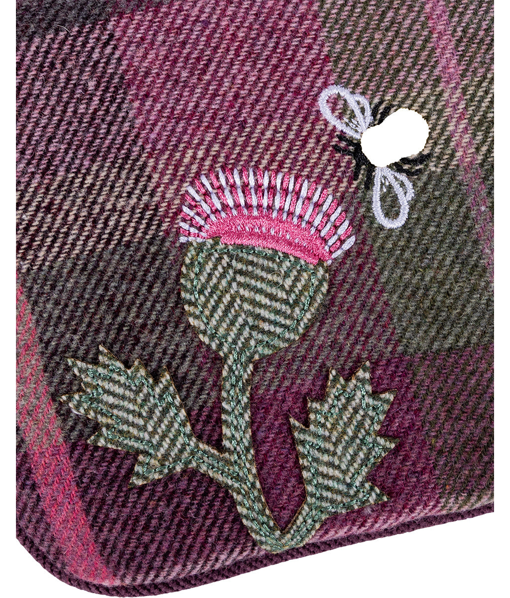 Earth Squared Berry Tweed Purse with thistle embroidery on a white background