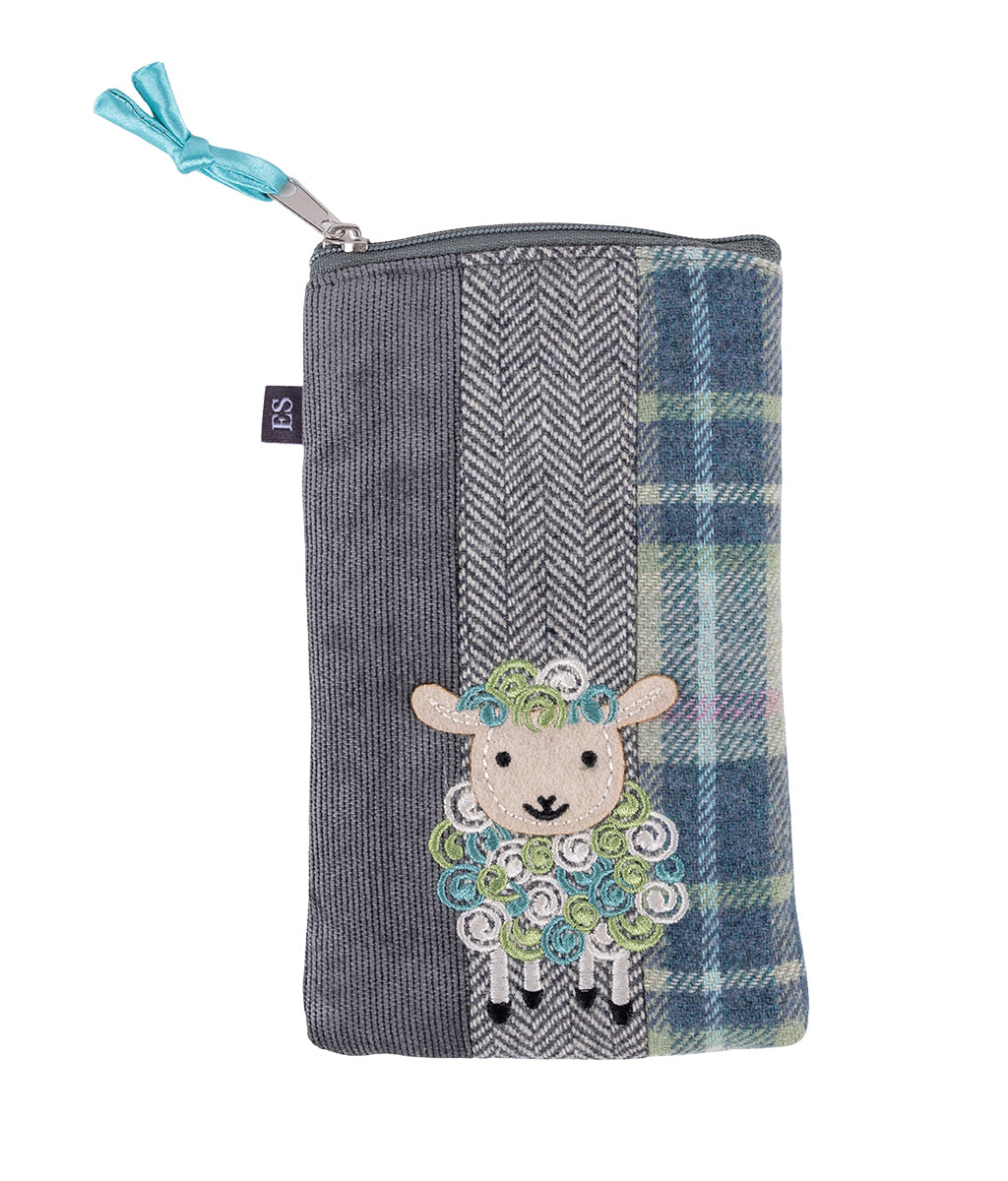Earth Squared Meadow Tweed Sheep Glasses Casewith a sheep design on a white background