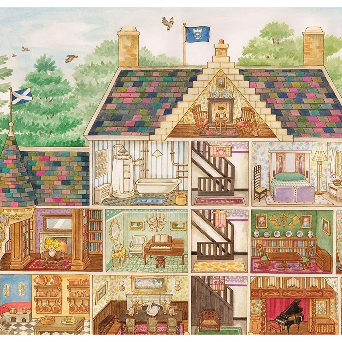 Illustration of a house with various rooms displayed in a collage format.