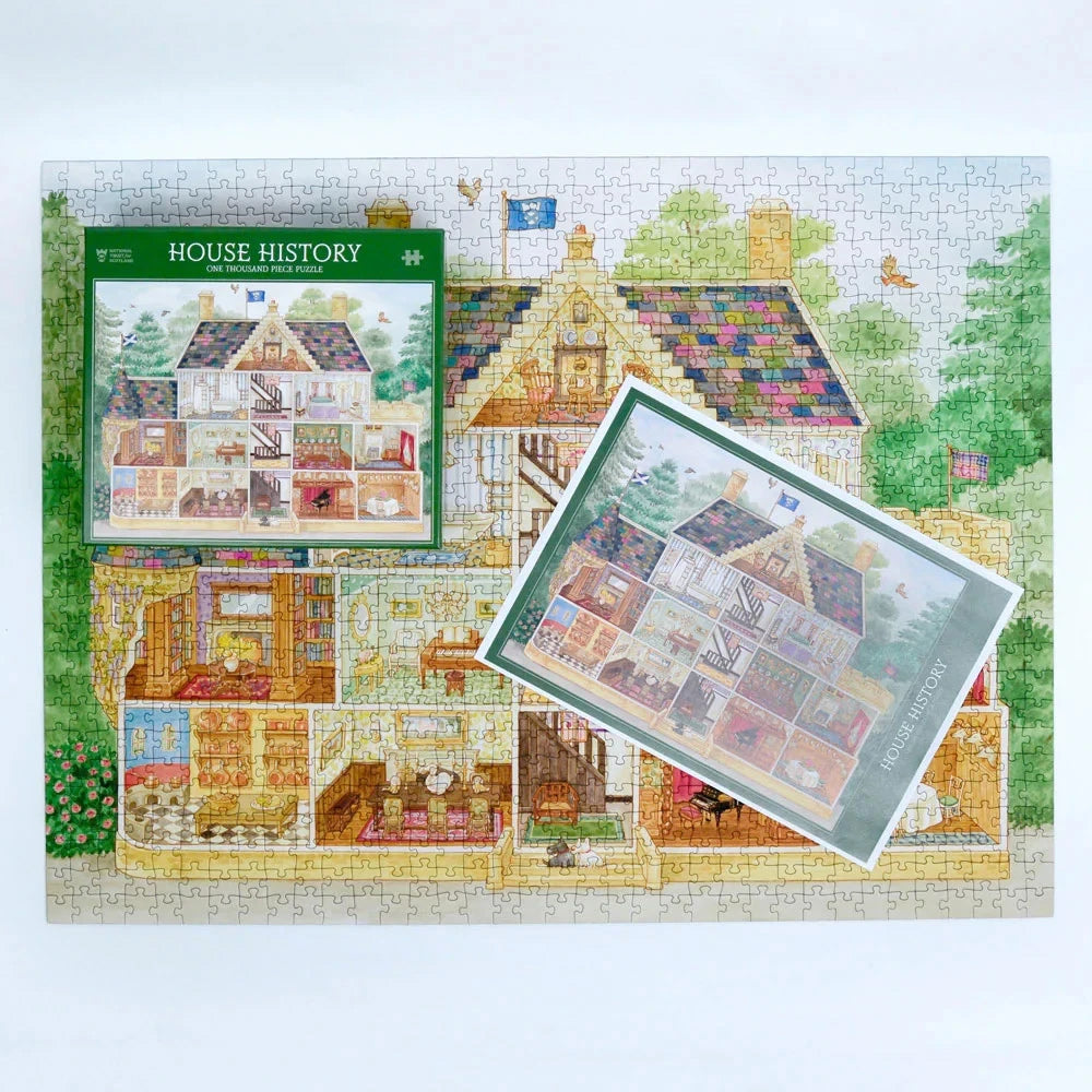 Jigsaw puzzle with house design and packaging on a white background