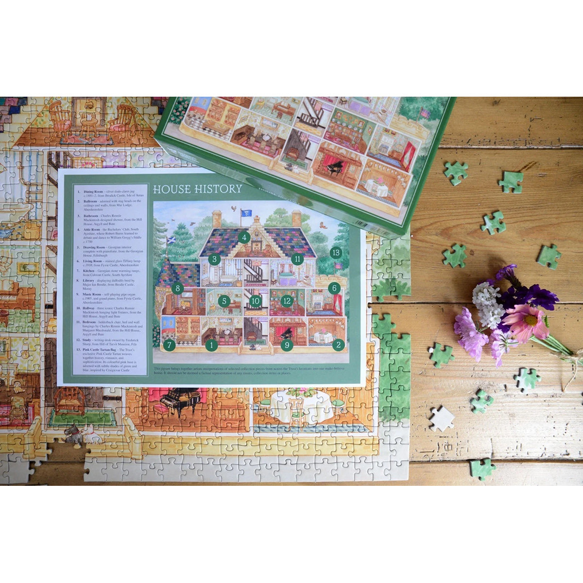 Jigsaw puzzle with house history design on a wooden table