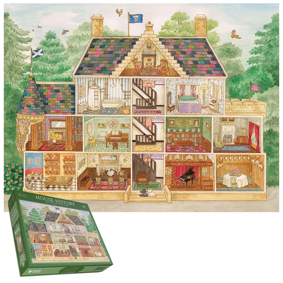 Detailed illustration of a house with rooms labeled, accompanied by a box labeled 'House History'.