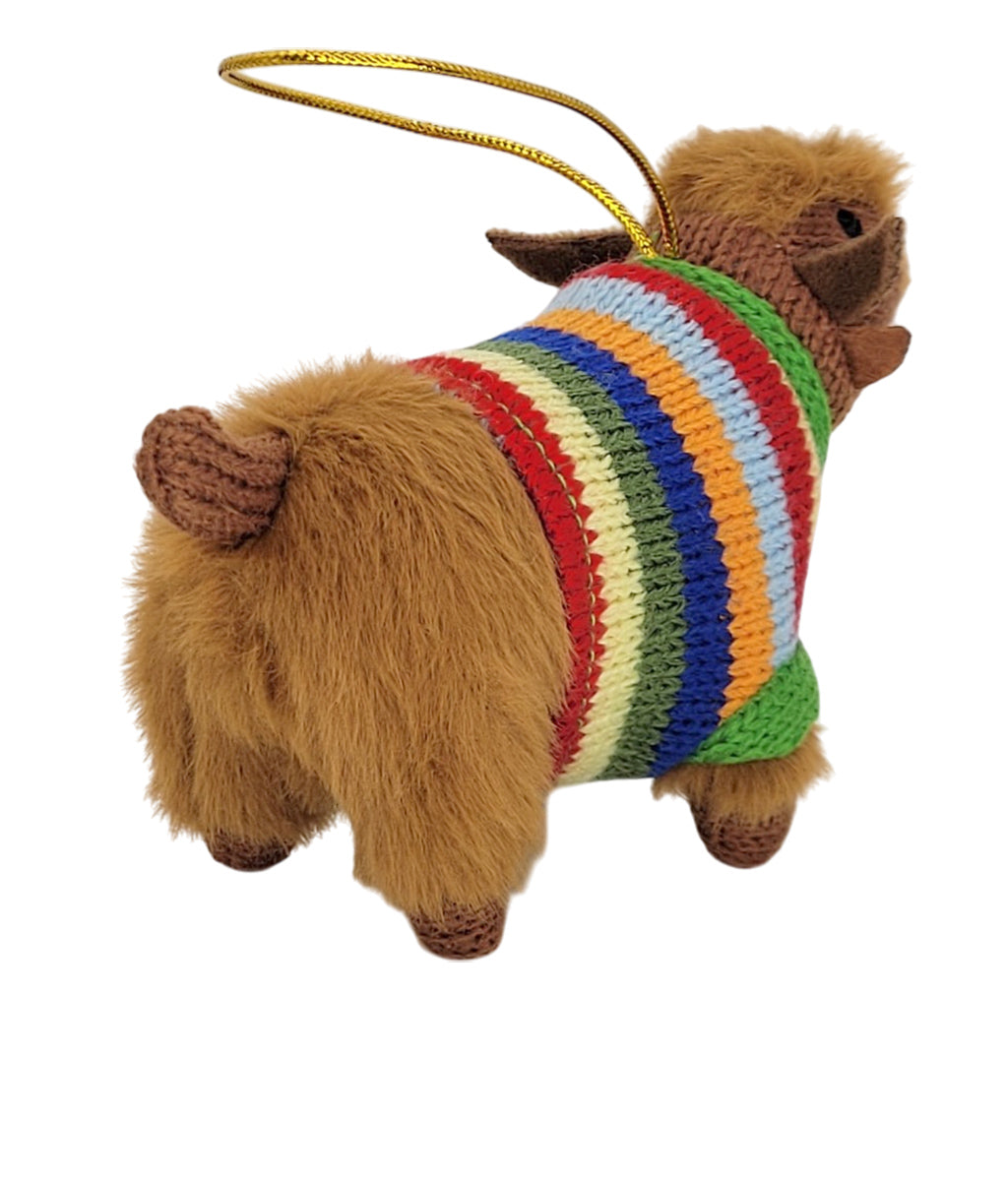 Knitted Highland Cow with striped jumper hanging decoration