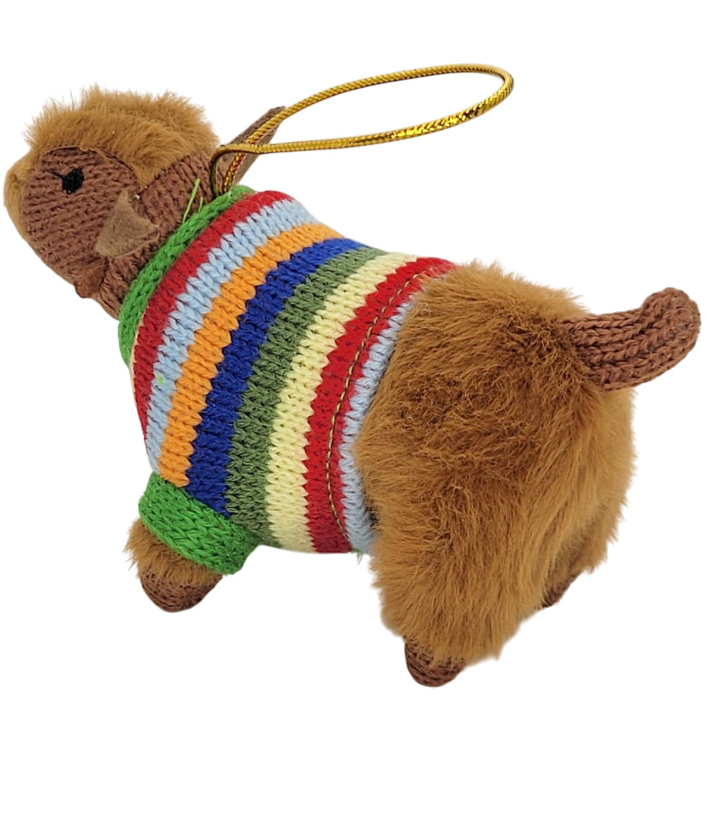 Knitted Highland Cow with striped jumper hanging decoration