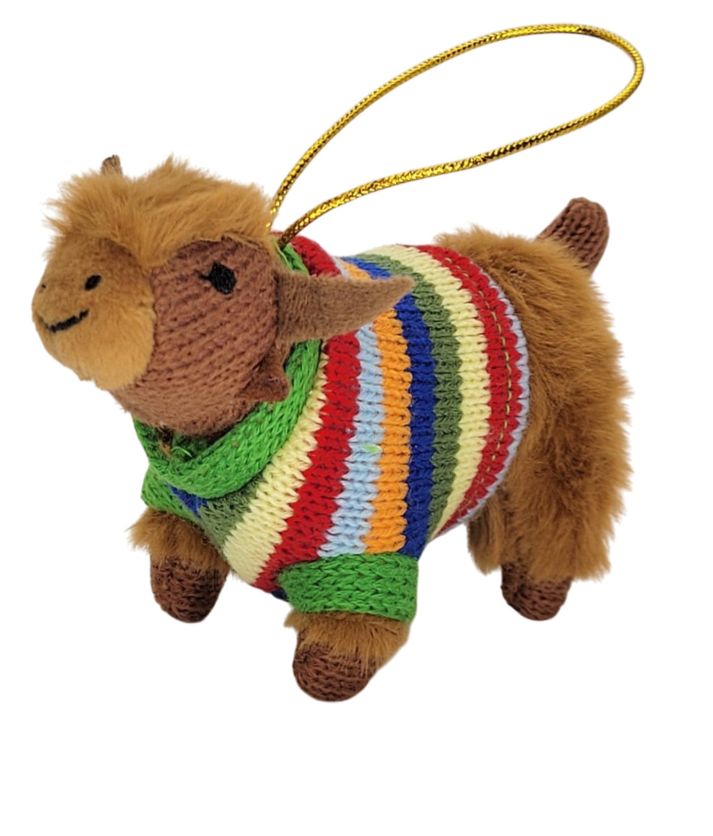 Knitted Highland Cow with striped jumper hanging decoration