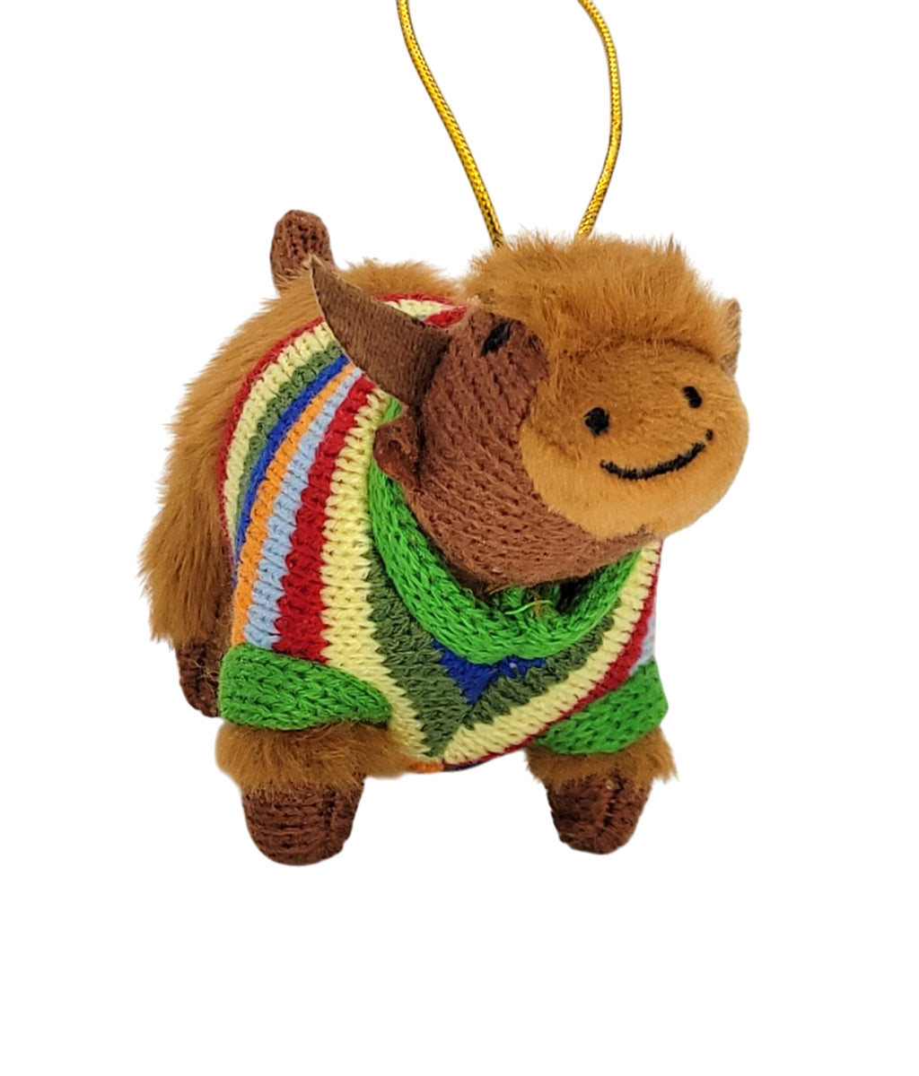 Knitted Highland Cow with striped jumper hanging decoration