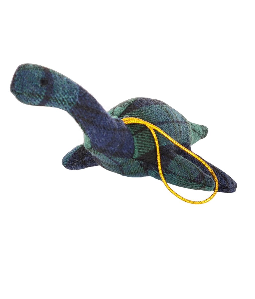 Knitted Nessie Loch Ness Monster hanging decoration on a white background
