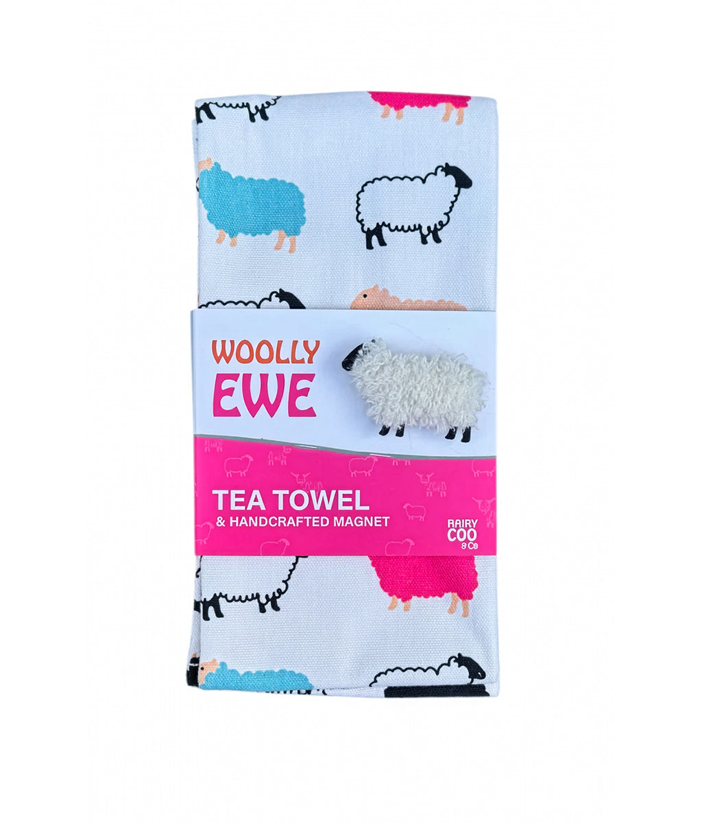 Woolly Ewe tea towel packaging with cartoon sheep design on a white background