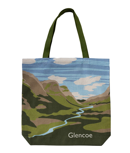 Tote bag with a scenic design of Glencoe and green handles on a white background