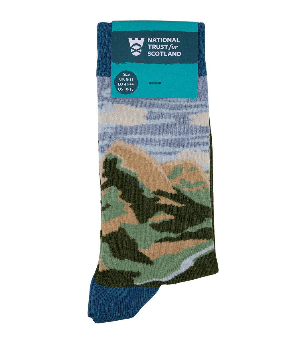 Glencoe landscape design sock with 'National Trust for Scotland' label on a white background
