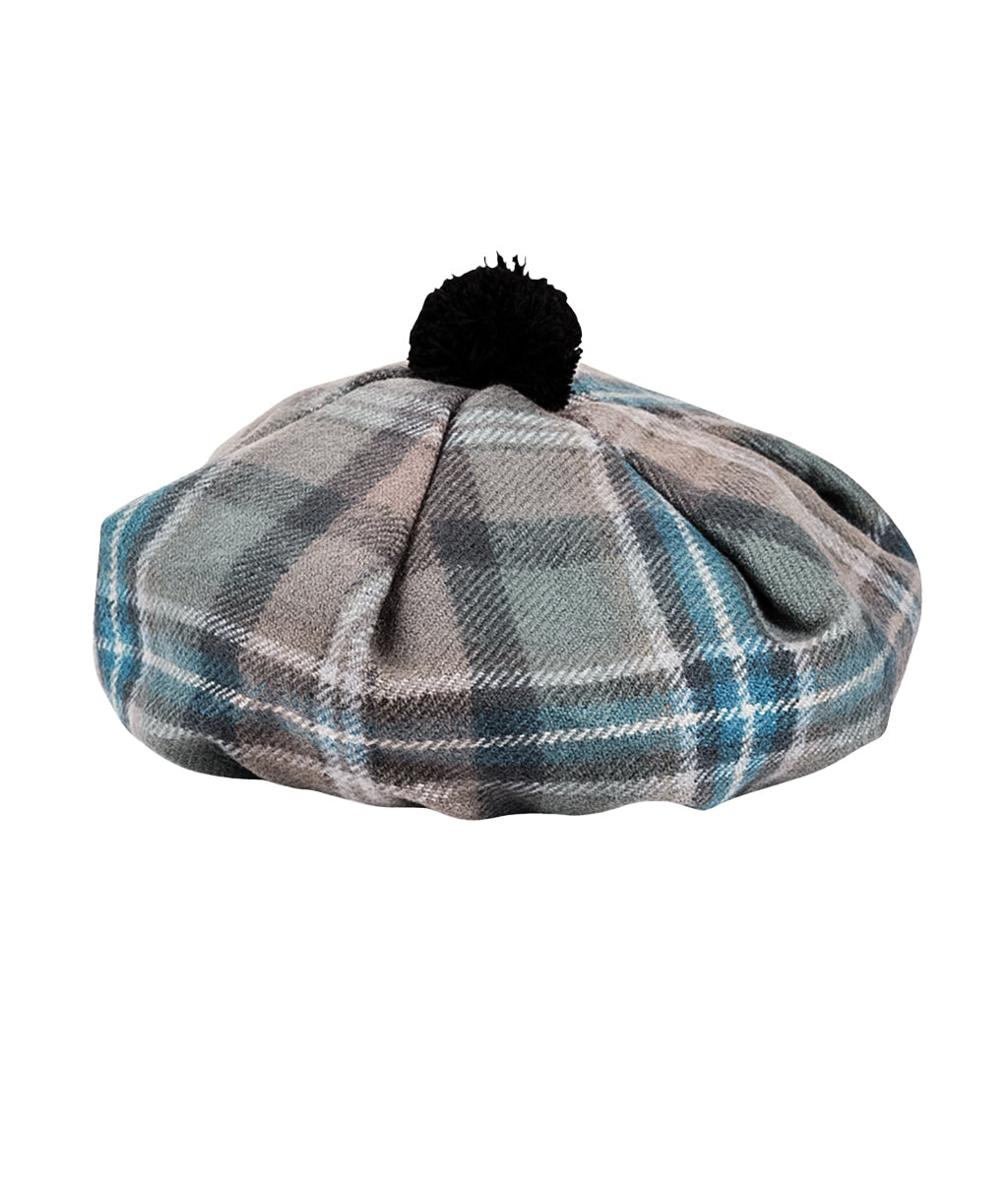 Spirit of Culloden Tartan Tammy Hat with a black pom-pom on a white background