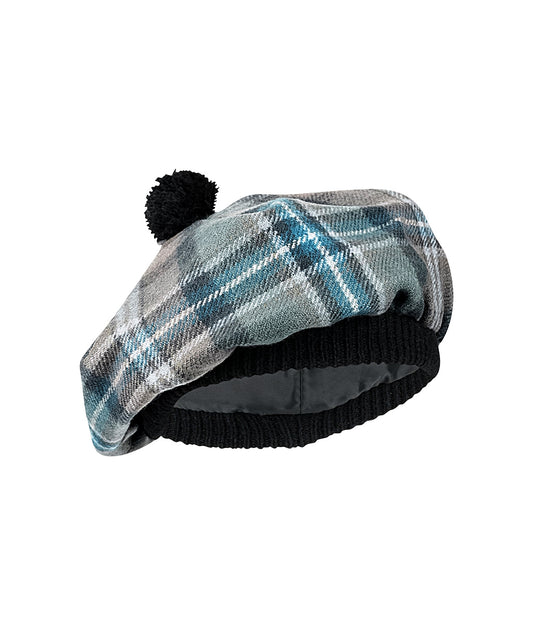 Spirit of Culloden Tartan Tammy Hat with a black pom-pom on a white background