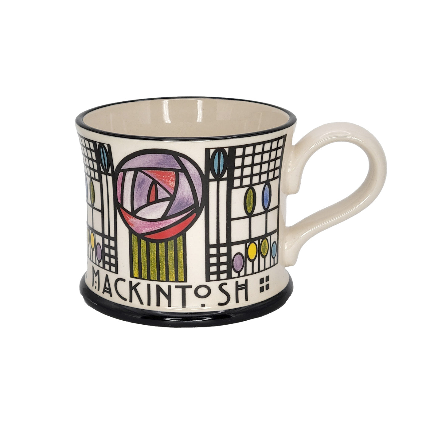 Morrland Pottery Mug with geometric design and 'Mackintosh' text on a white background