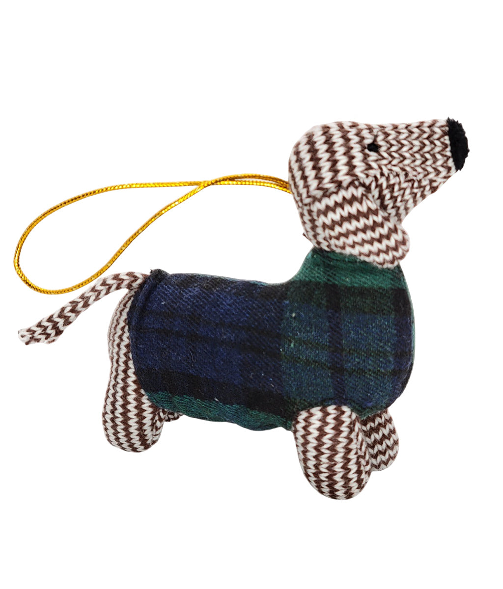 Knitted Sausage Dog with Tartan Jumper Christmas Hanging Decoration