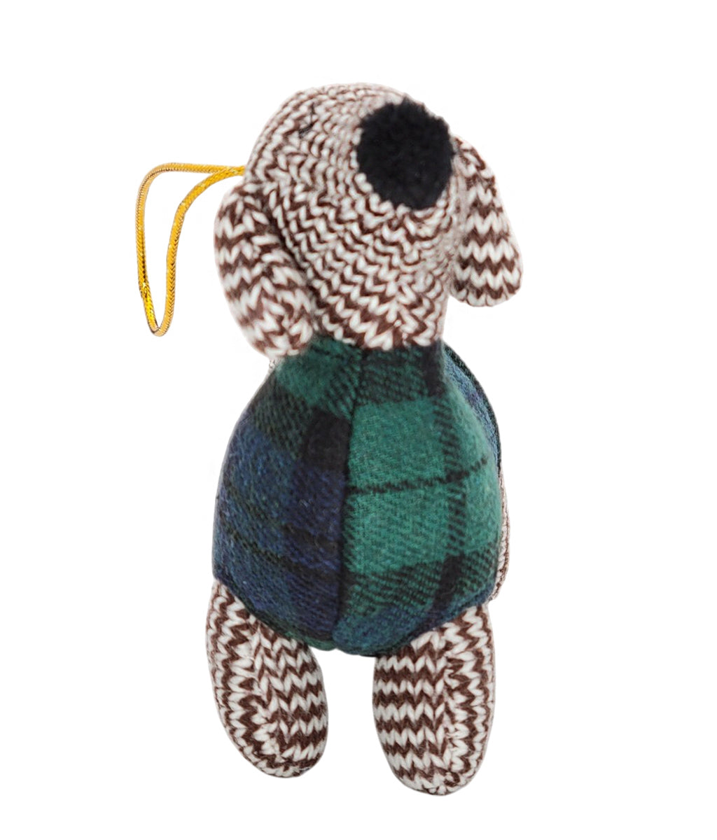 Knitted Sausage Dog with Tartan Jumper Christmas Hanging Decoration