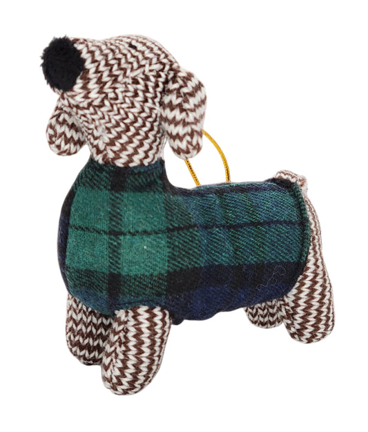 Knitted Sausage Dog with Tartan Jumper Christmas Hanging Decoration
