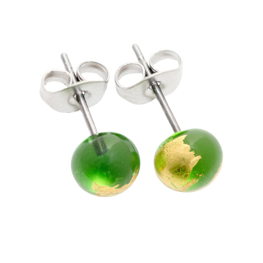 A pair of recycled whiskybottle green glass and gold stud earrings, shown on a plain white background.