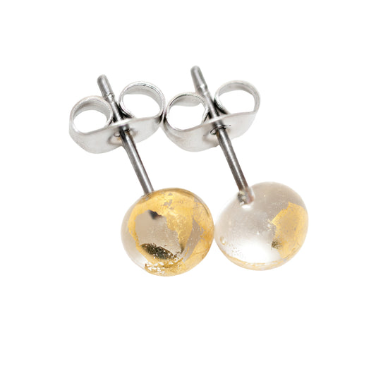 A pair of recycled whisky bottle clear glass and gold stud earrings, shown from the back on a solid white background.