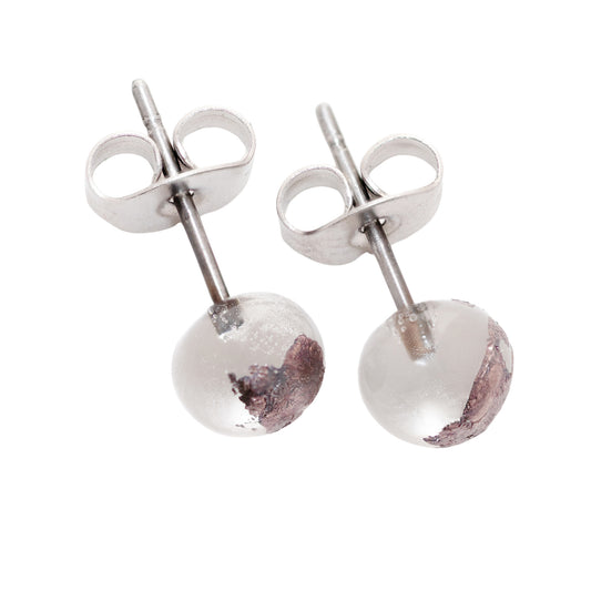 A pair of recycled whisky bottle clear glass and palladium stud earrings, shown on a plain white background.