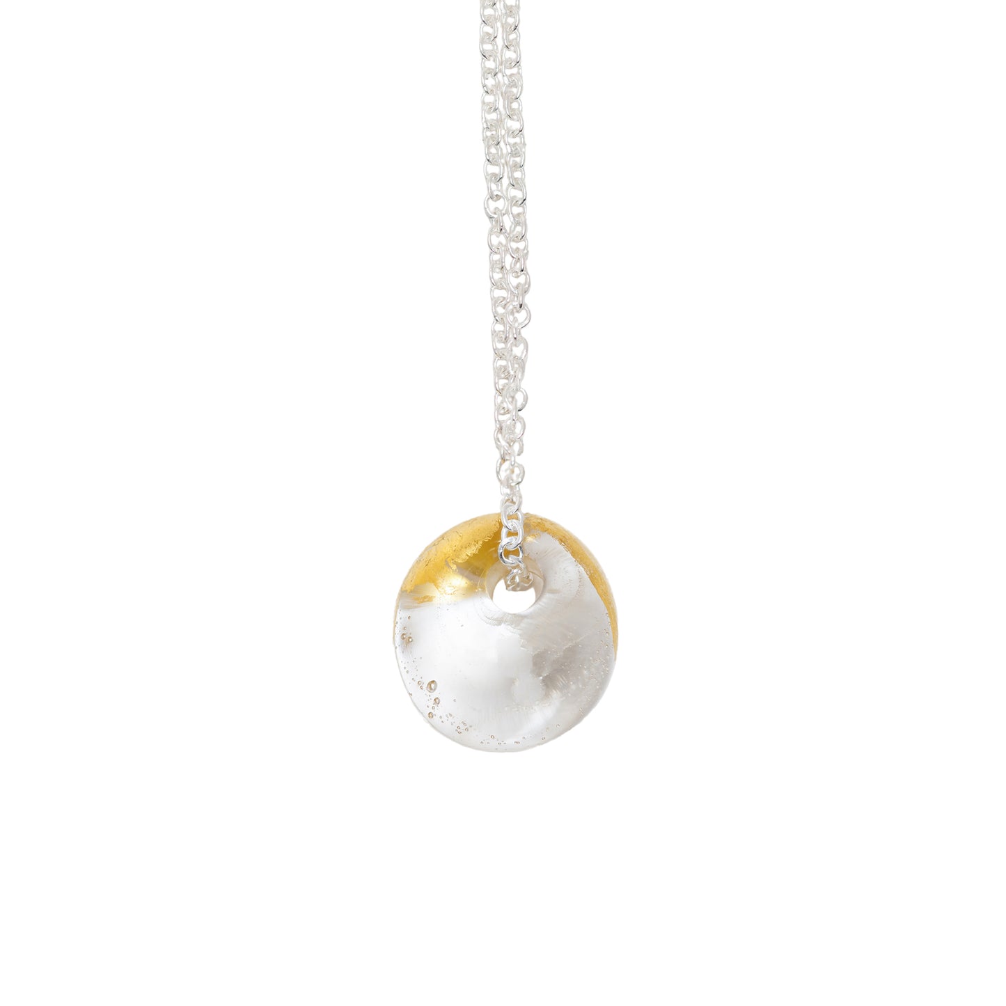 A recycled whisky bottle clear glass and gold pendant on Sterling Silver Chain featuring a clear glass and gold finish, shown against a plain white background.