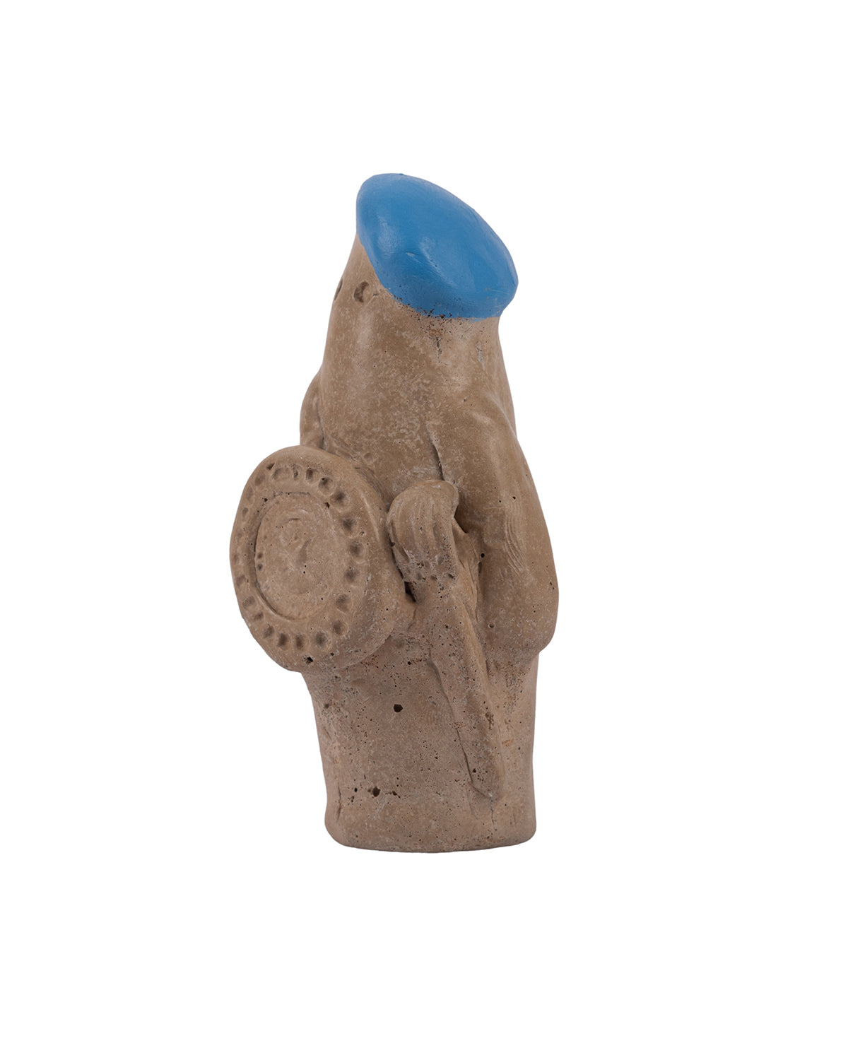 Small figurine of a creature with a blue head and brown body on a white background