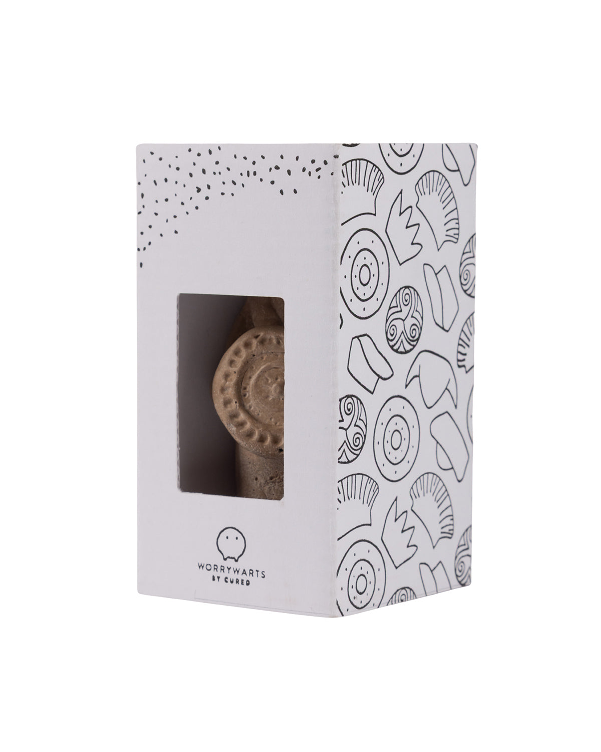 Product packaging with a small Worrywart Stress Relief Jacobite Figure inside on a white background