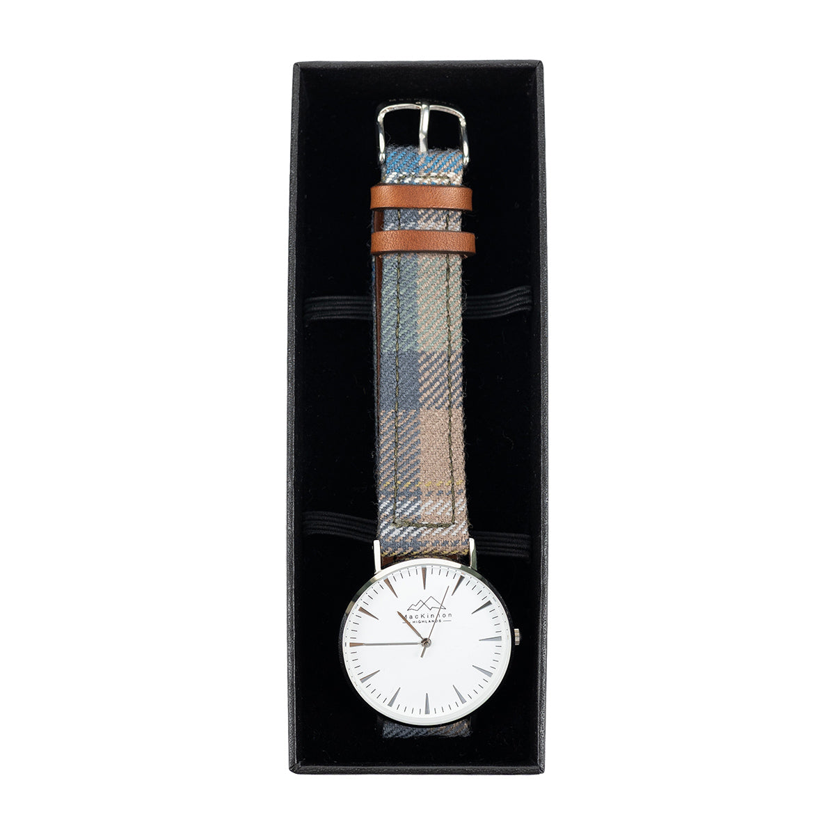 MacKinnon Watches Spirit of Culloden Tartan Strap in a black box on a white background