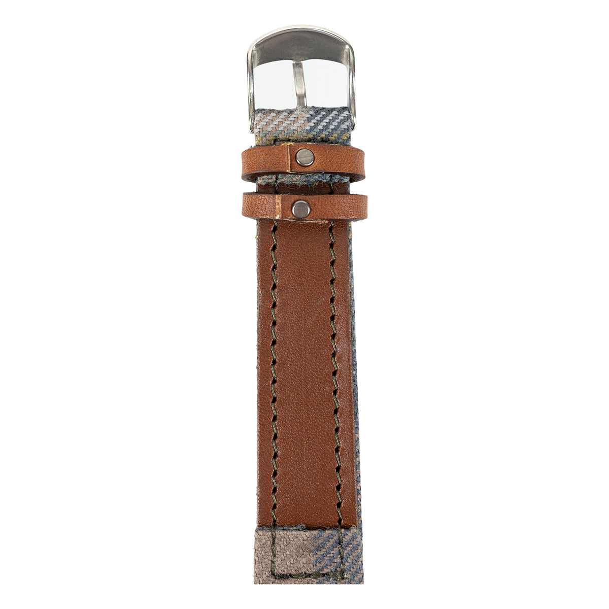 MacKinnon Watches Spirit of Culloden Tartan Strap with brown leather and fabric sections on a white background