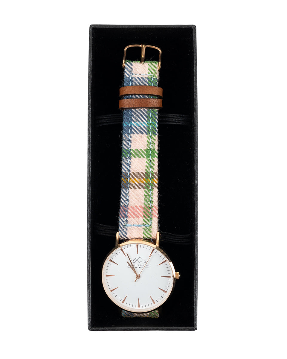MacKinnon Watches Pink Castle Tartan Strap in a black box on a white background