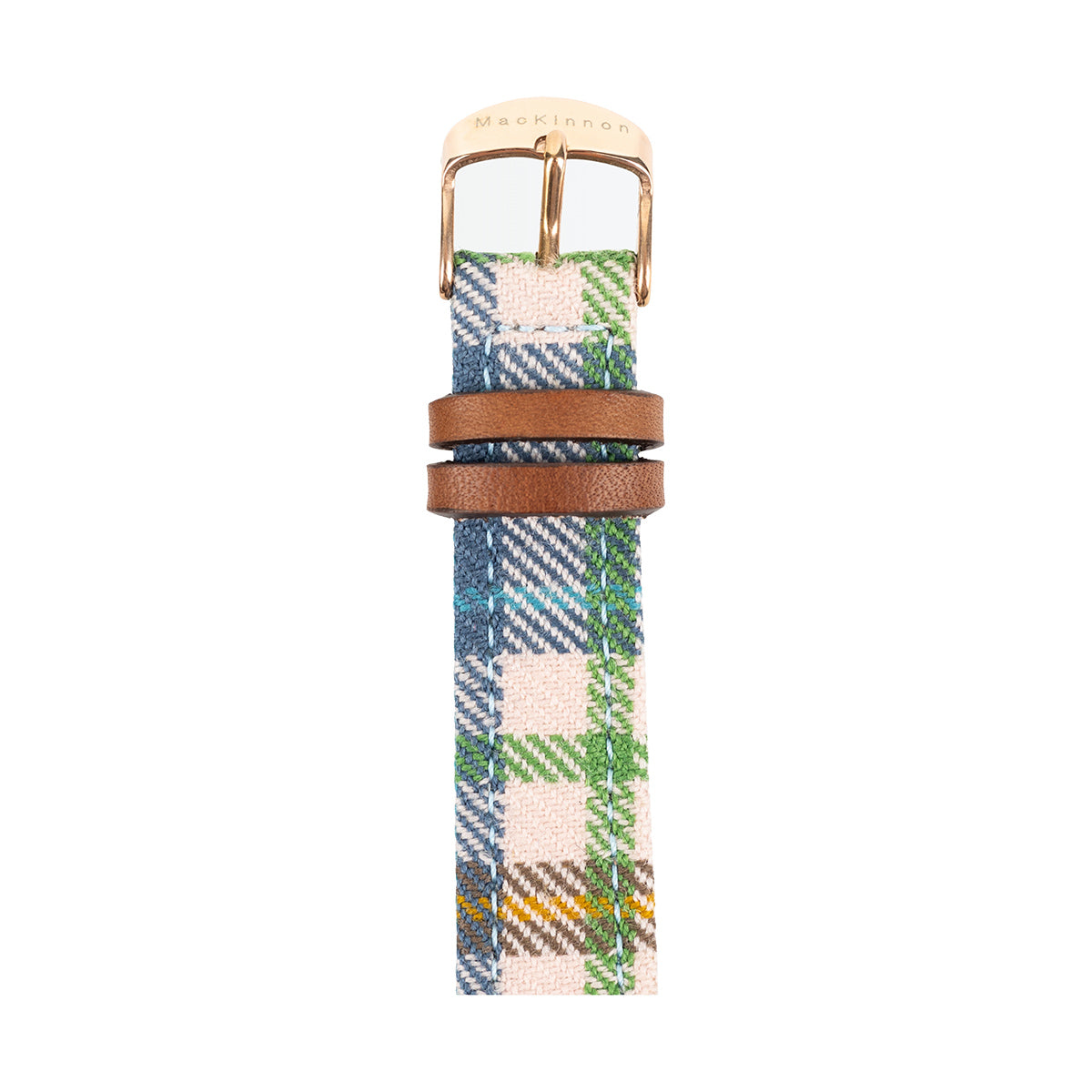 MacKinnon Watches Pink Castle Tartan Strap with brown leather end piece on a white background
