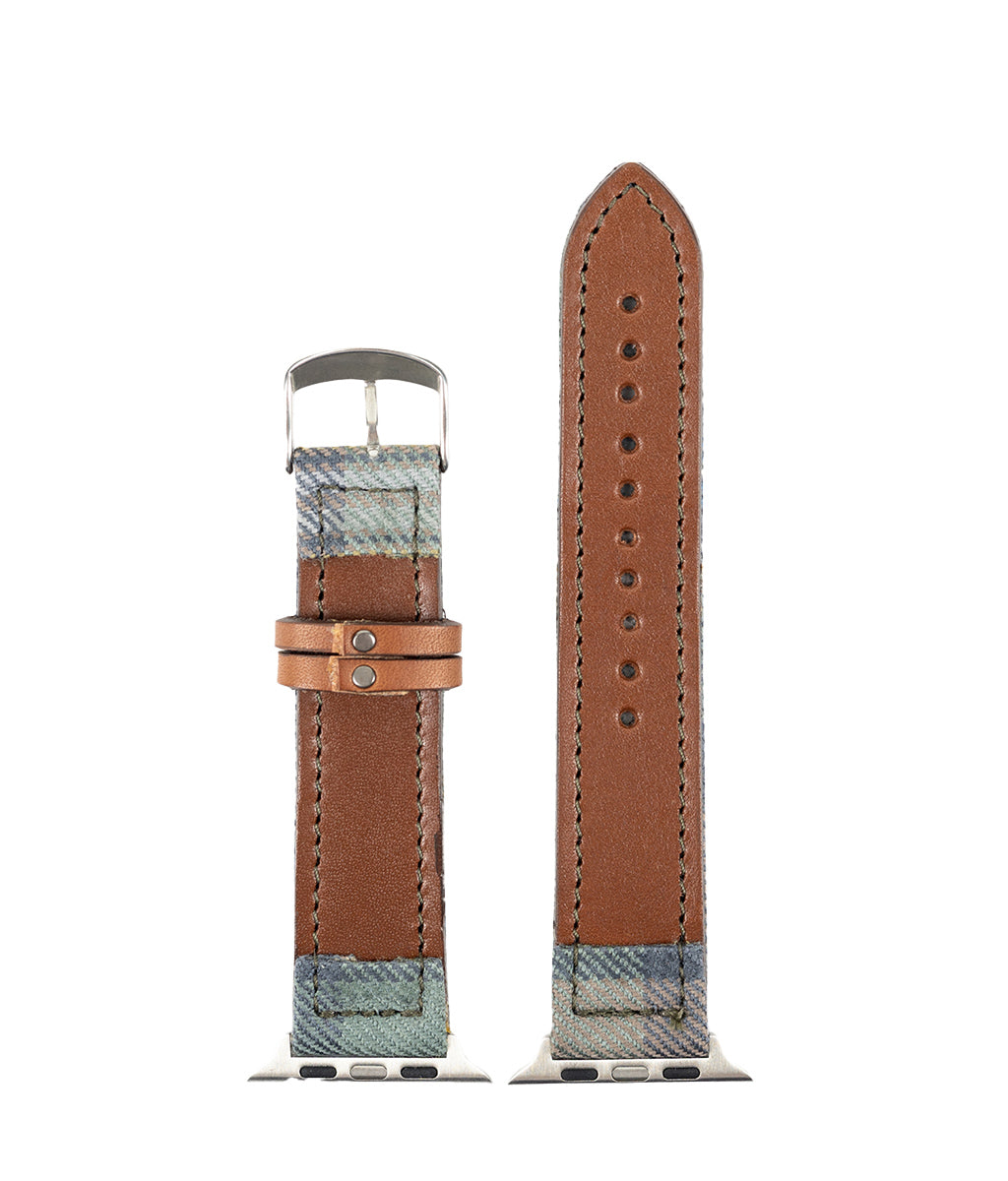 Two watch straps on a white background, one brown leather and one plaid fabric.