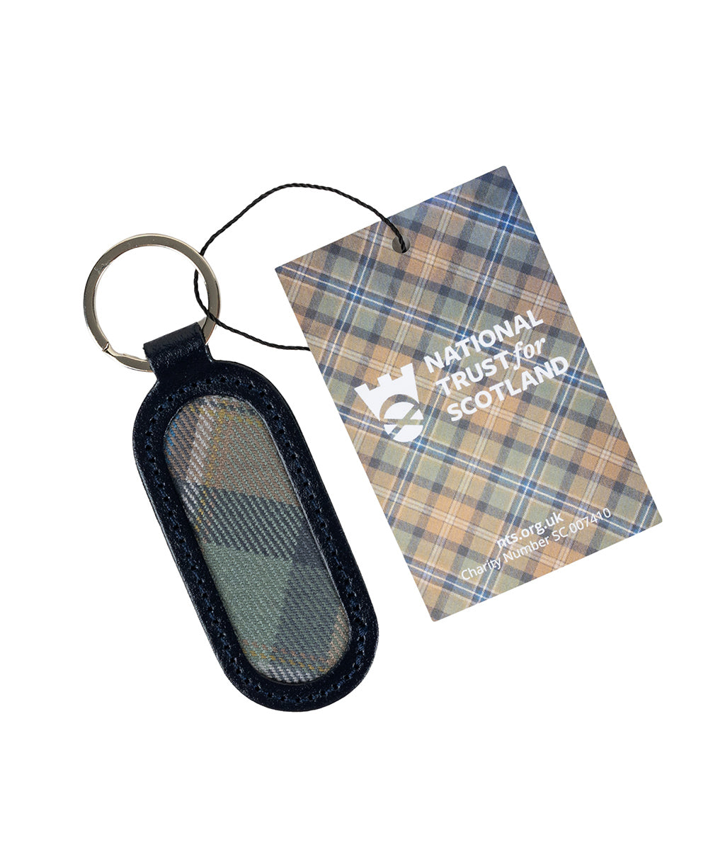 Spirit of Culloden Tartan Keyring with a  National Trust for Scotland tag on a white background