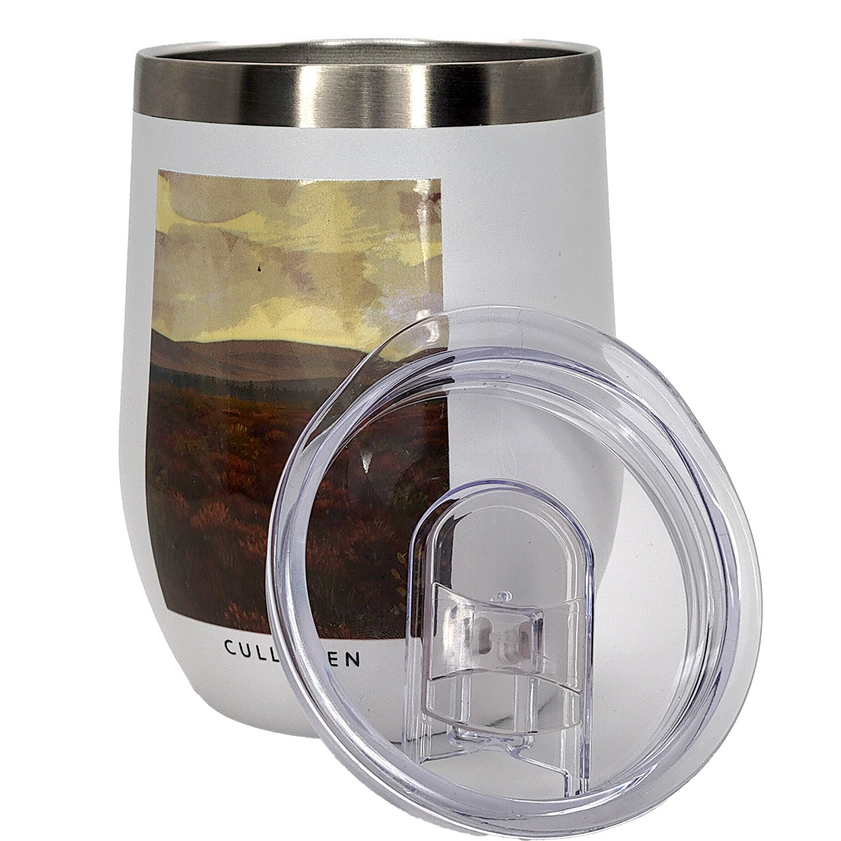 White insulated tumbler with a clear lid containing a drink, on a white background