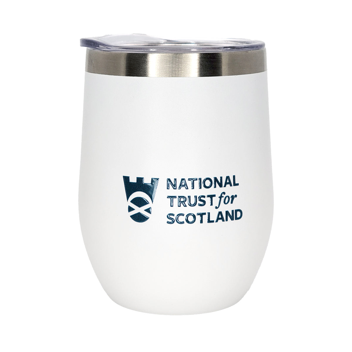 White insulated tumbler with National Trust for Scotland logo on a white background