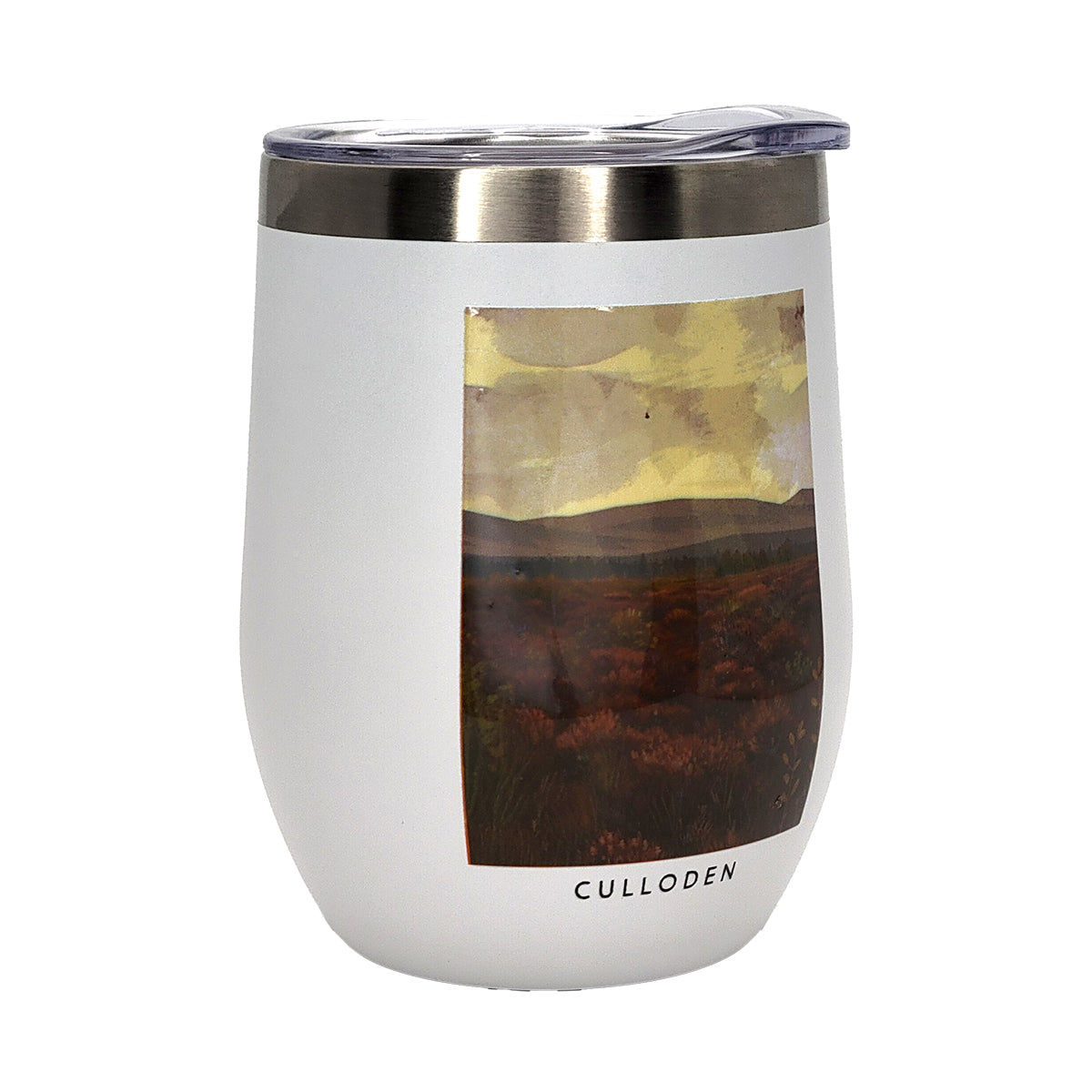White insulated tumbler with a scenic design and 'Culloden' branding on a white background