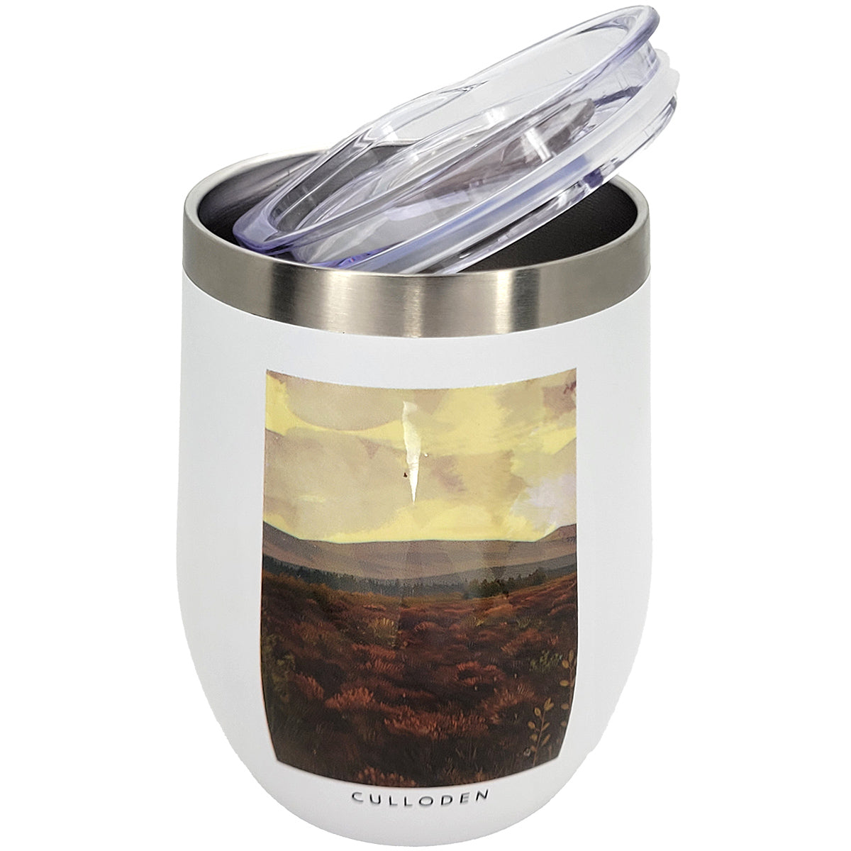 White insulated tumbler with a scenic design and 'Culloden' branding on a white background