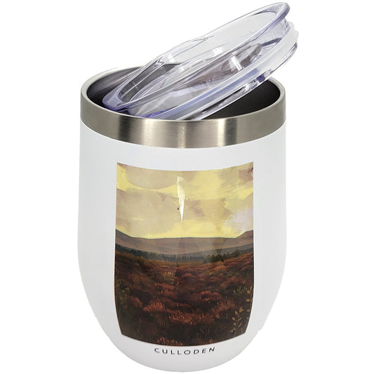 White insulated tumbler with a scenic design and 'Culloden' branding on a white background
