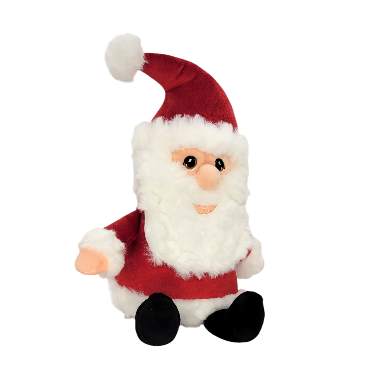 A plush Santa Claus doll with a fluffy white beard and hat trim, red suit, black boots, and a peach-colored nose, isolated on a white background.