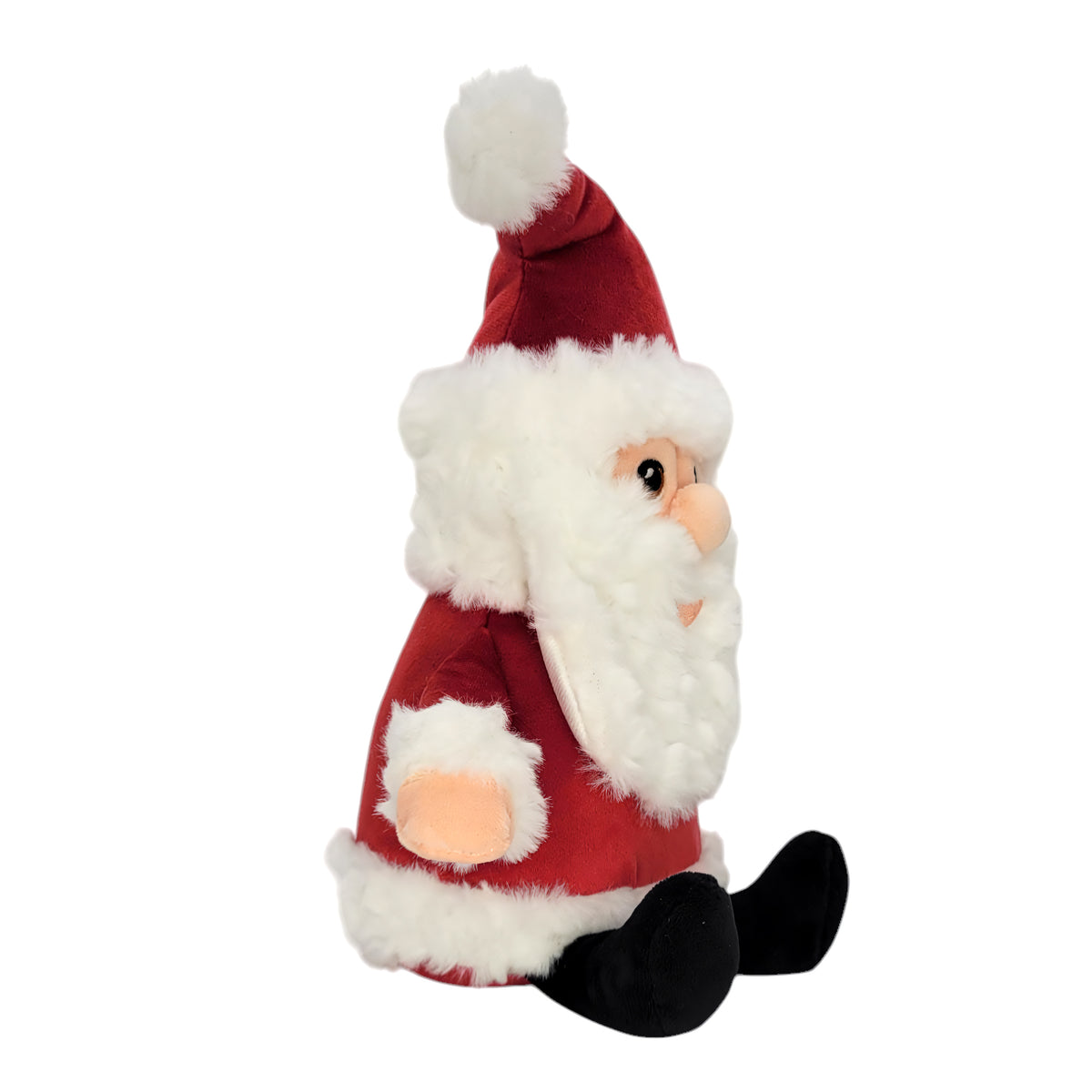 A plush Santa Claus doll sitting down, featuring a red suit trimmed with fluffy white faux fur, a white beard, a red hat with a white pom-pom, and black shoes, isolated on a white background.
