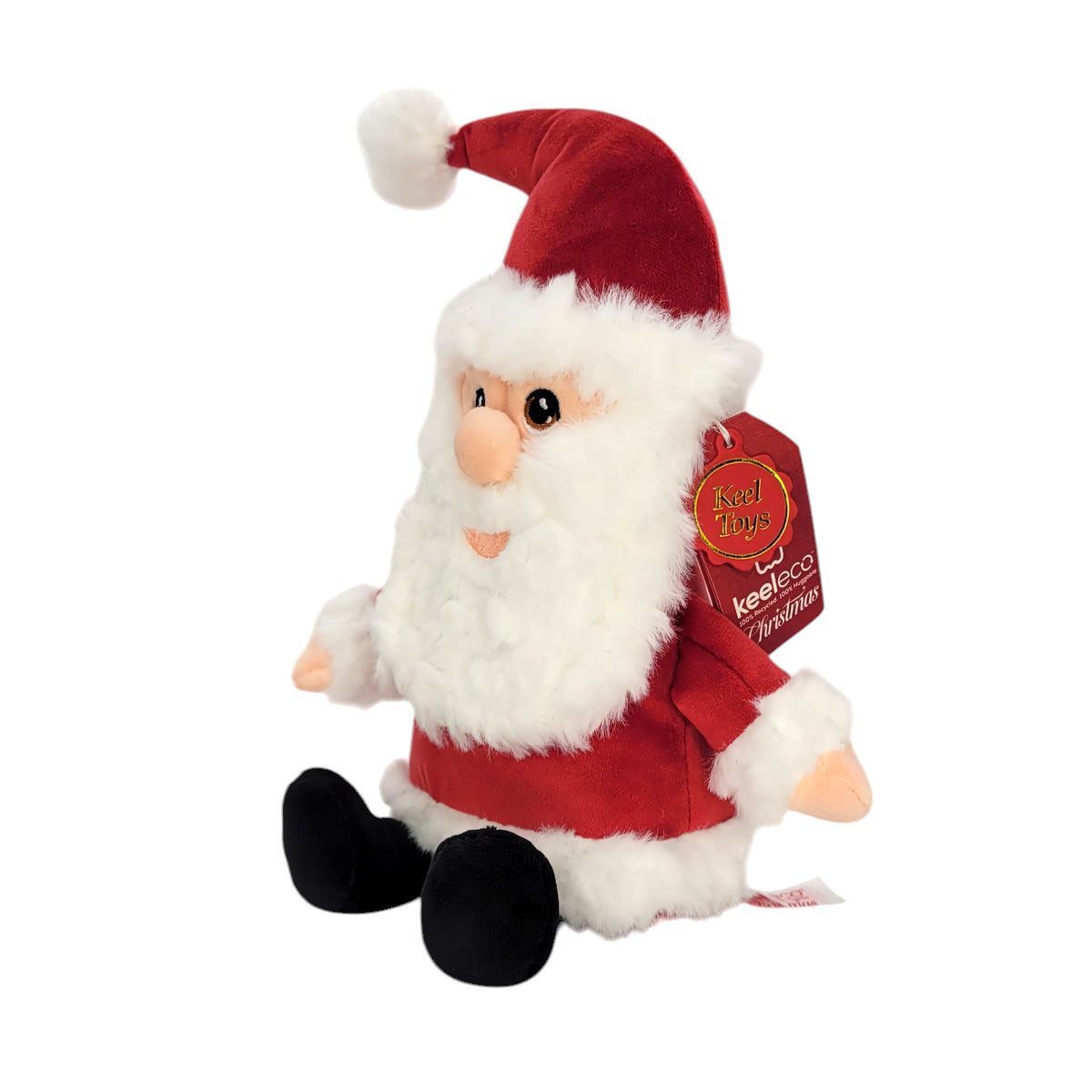 A plush Santa Claus toy with a red suit, white beard and hat trim, black boots, and a hangtag on a plain white background.