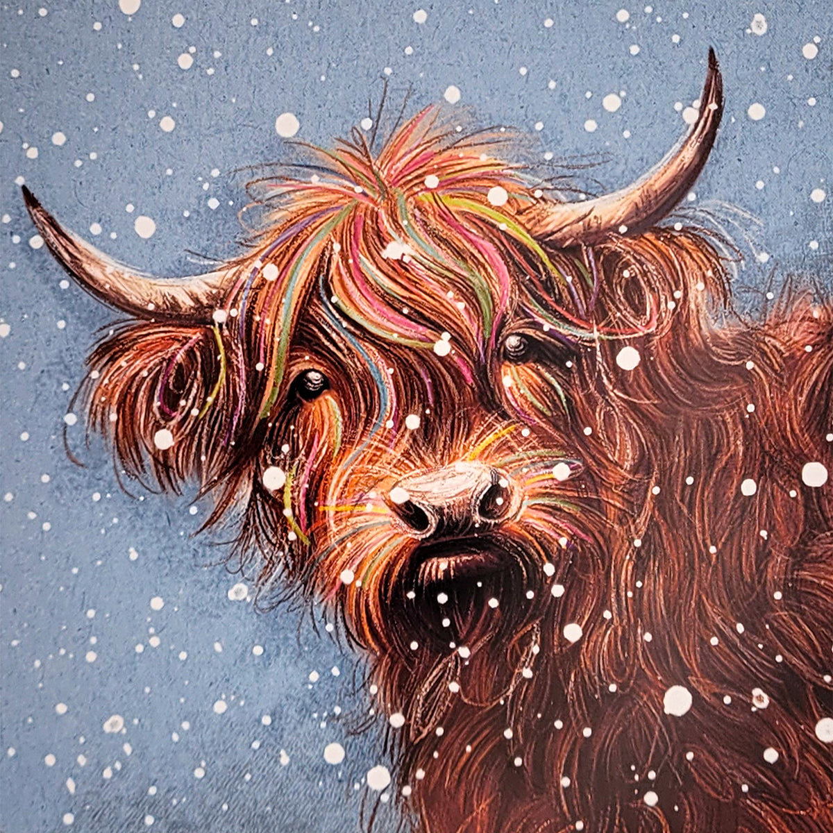A stylized illustration of a shaggy Highland cow with curved horns, shown in warm brown, orange, and pink tones against a blue snowy background with white snowflakes.