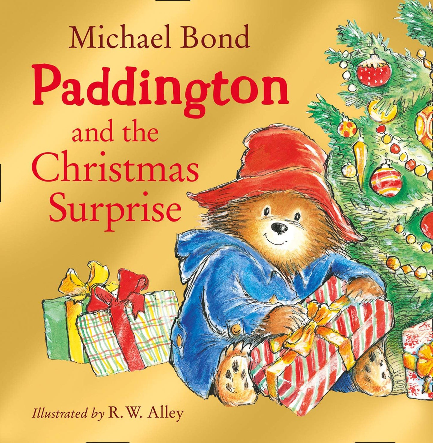 Book cover of 'Paddington and the Christmas Surprise' with Paddington Bear holding a gift, Christmas tree, and presents.